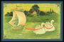 Картинка із зображенням лебедів і човни з квітами